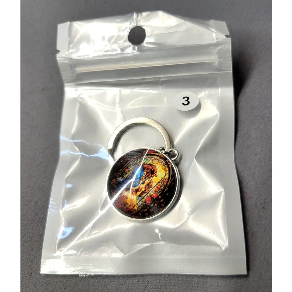 Beauty and the Beast Stained Glass Keychain Round Domed Glass Silver Tone Charm‎